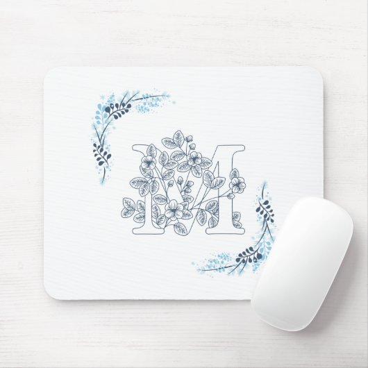 Tapis De Souris Initiale "M" Monogramme Bleu Calme Floral (Avec souris)