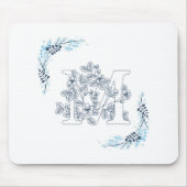 Tapis De Souris Initiale "M" Monogramme Bleu Calme Floral (Devant)