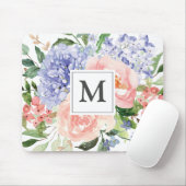 Tapis De Souris Initiale Monogrammée Aquarelle Floral Bleu Rose (Avec souris)
