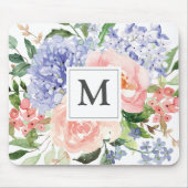 Tapis De Souris Initiale Monogrammée Aquarelle Floral Bleu Rose (Devant)