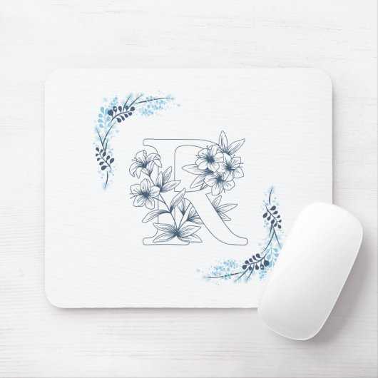 Tapis De Souris Initiale "R" Monogramme bleu Calme Floral (Avec souris)