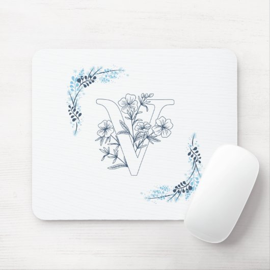Tapis De Souris Initiale "V" Monogramme bleu Calme Floral (Avec souris)