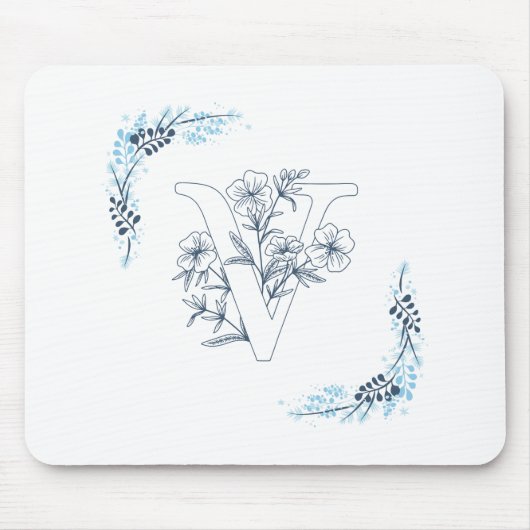 Tapis De Souris Initiale "V" Monogramme bleu Calme Floral (Devant)