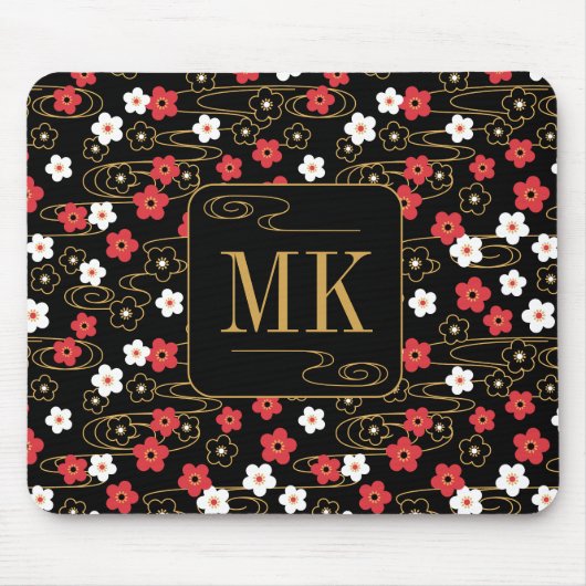 Tapis De Souris Initiales du monogramme noir Sakura en fleurs (Devant)