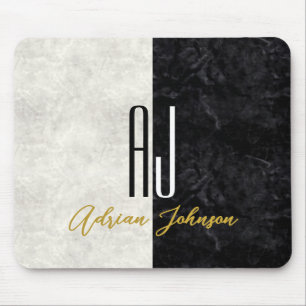 Tapis De Souris Initiales en marbre noir et blanc Monogramme