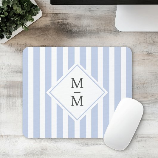 Tapis De Souris Initiales monogrammes bleu clair pâle rayures blan