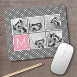 Tapis De Souris Instagram gris et rose 5 Photo Collage Monogramme<br><div class="desc">Pastel and White Polka Dot Motif - Utilisez cinq photos carrés pour créer un cadeau unique et personnel. Ou vous pouvez garder le chiot hipster et faire un gardien branché. Si vous avez besoin d'ajuster les images,  cliquez sur l'outil personnaliser pour apporter des modifications.</div>