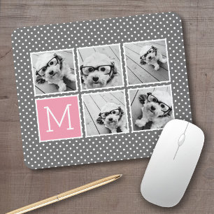 Tapis De Souris Instagram gris et rose 5 Photo Collage Monogramme