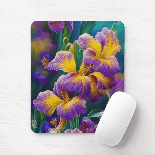 Tapis De Souris Iris Floral Violet et bleu or feuilles (Avec souris)