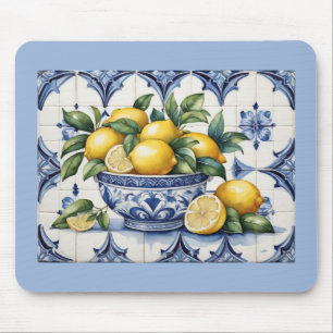 Tapis De Souris Italien Amalfi bleu carreaux blanc bol de citrons