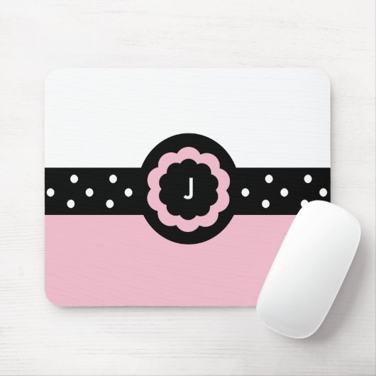 Tapis De Souris J :: Monogramme J mousepad rose et blanc pointillé (Avec souris)