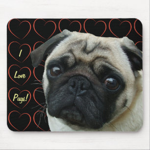 Tapis De Souris J'aime des carlins avec des coeurs