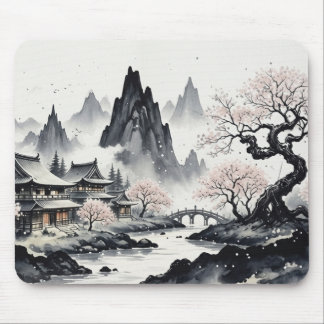 Tapis De Souris Japanese Ink Wash Landscape Mouse Pad - Zen Sakura