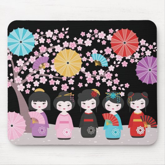 Tapis De Souris Japonais Kokeshi Dolls Noir (Devant)