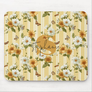 Tapis De Souris Jardin à rayures de tournesols dorés et de papillo