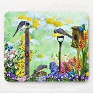 Tapis De Souris Jardin aux fleurs Birdhouse