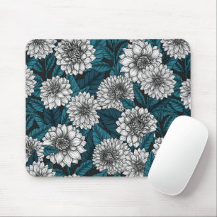 Tapis De Souris Jardin blanc Dahlia / feuilles bleus
