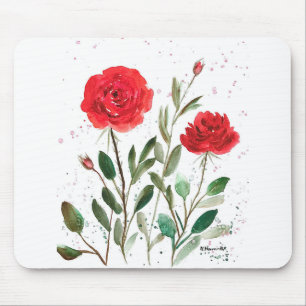 Tapis De Souris Jardin chic rouge rose aquarelle fleurie