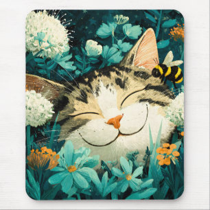 Tapis De Souris Jardin de fleurs de chat endormi aquarelle abeille