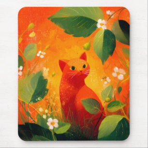 Tapis De Souris Jardin de fleurs sauvages au chat rouge fantaisist