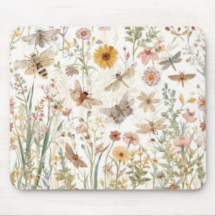 Tapis De Souris Jardin de fleurs sauvages papillons floraux botani