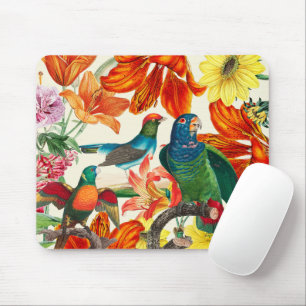 Tapis De Souris Jardin floral coloré avec de beaux oiseaux