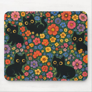 Tapis De Souris Jardin mignon art – Motif floral de chat noir mign