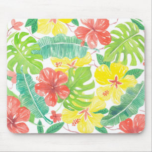 Tapis De Souris Jardin tropical, plumeria hibiscus et feuilles de