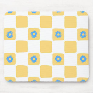 Tapis De Souris Jaune Blanc À Carreaux Avec Motif De Fleur Bleue