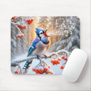 Tapis De Souris Jay Bleu D'Hiver Chantant Sur Berry Tree