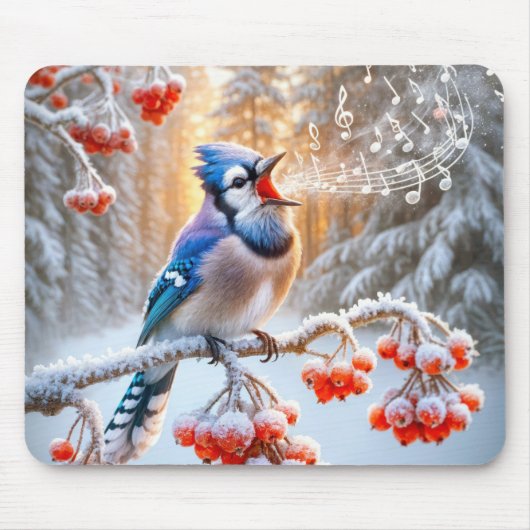 Tapis De Souris Jay Bleu D'Hiver Chantant Sur Berry Tree (Devant)
