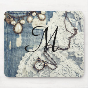 Tapis De Souris Jeans vintage Dentelle victorienne initiale Pad de