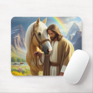 Tapis De Souris Jésus avec cheval Palomino dans un paysage panoram