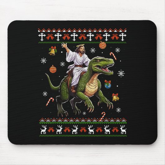 Tapis De Souris Jesus Riding Dinosaur Funny Meme Ugly Christmas Sw (Devant)