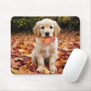 Tapis De Souris Jeune chiot Retriever doré dans des feuilles d'aut
