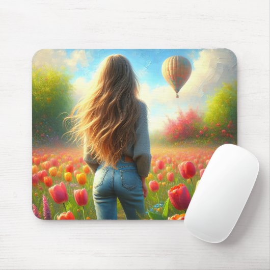 Tapis De Souris Jeune Femme Dans Le Champ De Tulipe (Avec souris)
