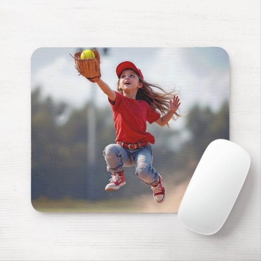 Tapis De Souris Jeune Fille Qui Saute Pour Attraper Un Softball (Avec souris)