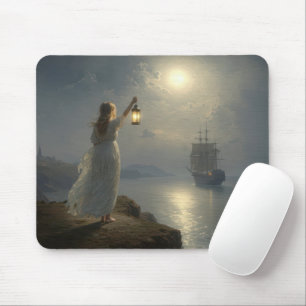 Tapis De Souris Jeune fille tenant une lanterne dans un port