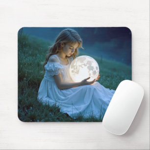 Tapis De Souris Jeune fille tenant une lune brillante