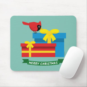 Tapis De Souris Joli Cardinal Rouge Ouverture D'Un Cadeau Bleu