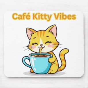 Tapis De Souris **Joli Chat au Café – Adorable Chat Buvant du Café