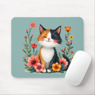 Tapis De Souris Joli Chat Calico avec une Esthétique Florale Cotta