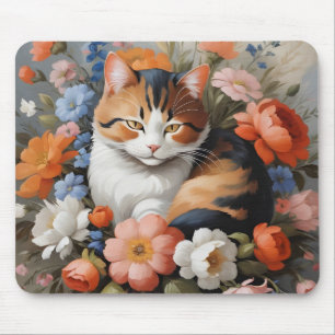Tapis De Souris Joli chat calico et fleurs