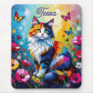 Tapis De Souris Joli Chat et Fleurs Impasto Colorés