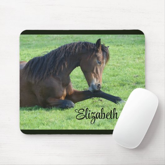 Tapis De Souris Joli Cheval Brown allongé dans l'herbe (Avec souris)