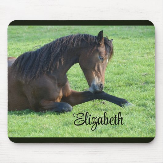 Tapis De Souris Joli Cheval Brown allongé dans l'herbe (Devant)