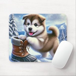Tapis De Souris Joli chiot husky jouant dans un paysage hivernal e
