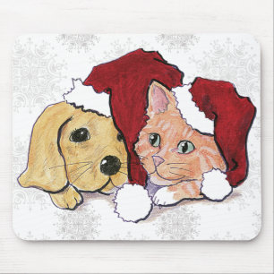 Tapis De Souris Joli chiot Labrador de Noël et chat tigré orange