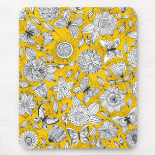 Tapis De Souris Joli design abstrait floral blanc jaune