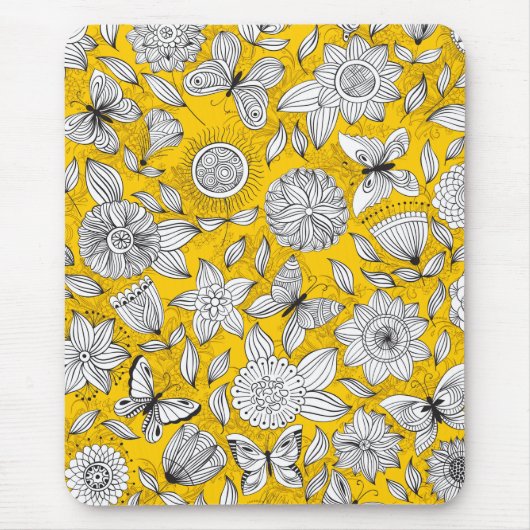 Tapis De Souris Joli design abstrait floral blanc jaune (Devant)